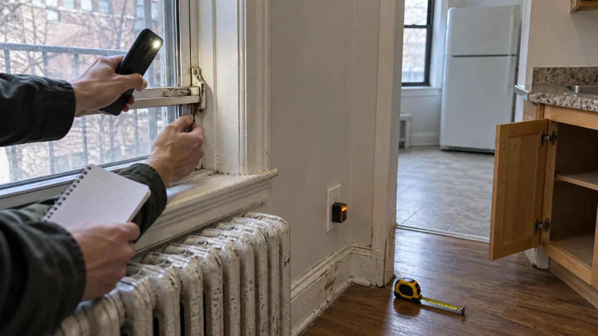 AI-generated illustration: Prospective renter checking a window latch, outlet and room dimensions in an empty apartment