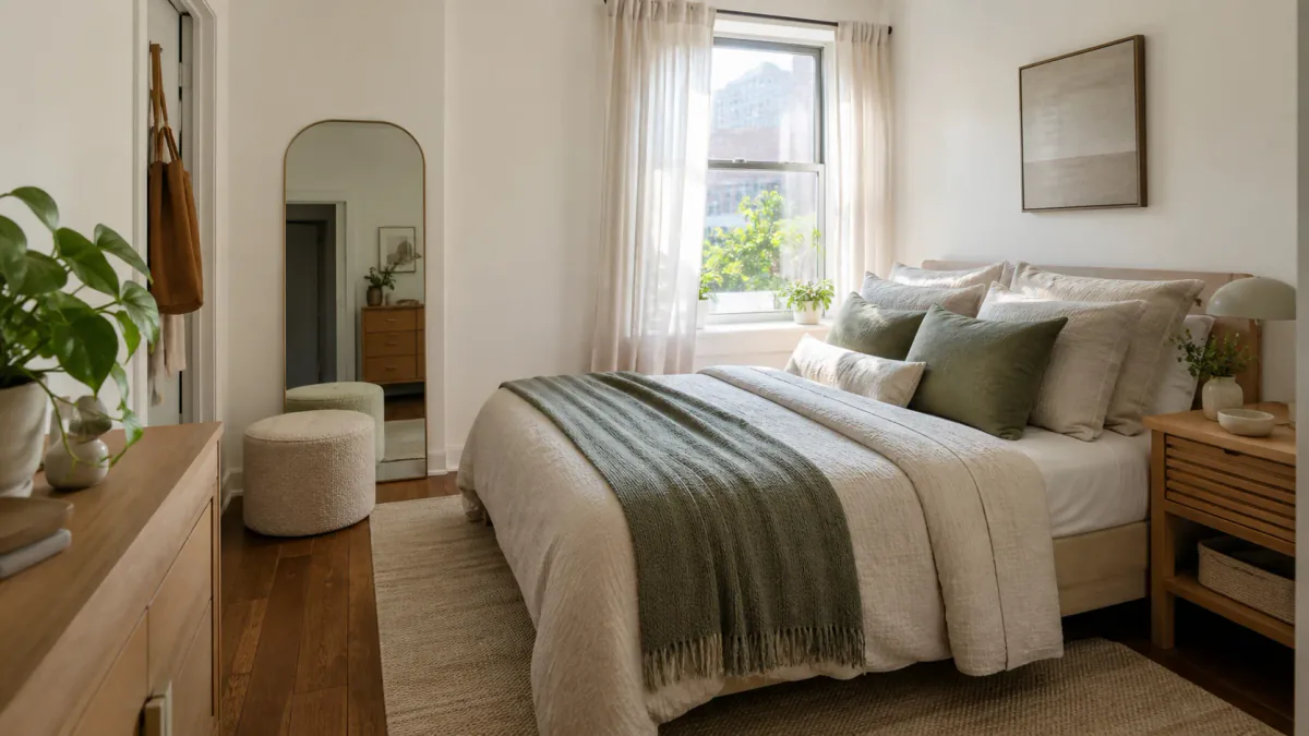 AI-generated illustration: Second compact-home view supporting Add Bedroom Texture Without Adding Clutter