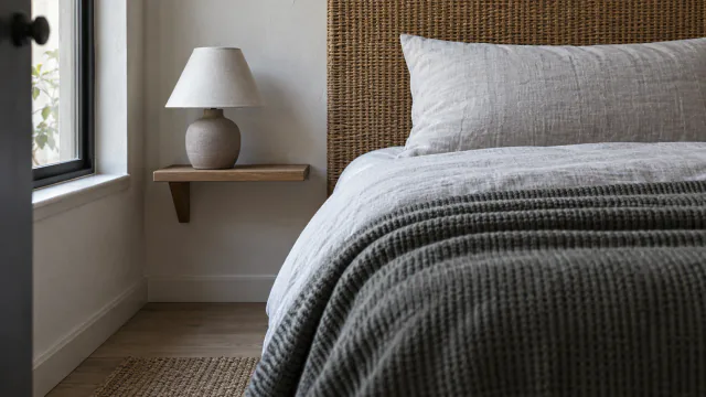 AI-generated illustration: Close view of linen, knit, woven cane and matte ceramic textures in a calm uncluttered bedroom