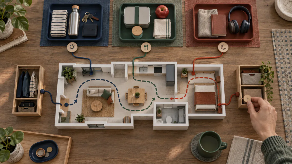 AI-generated illustration: Tabletop apartment model connecting layout routes, daily routines and return-point storage
