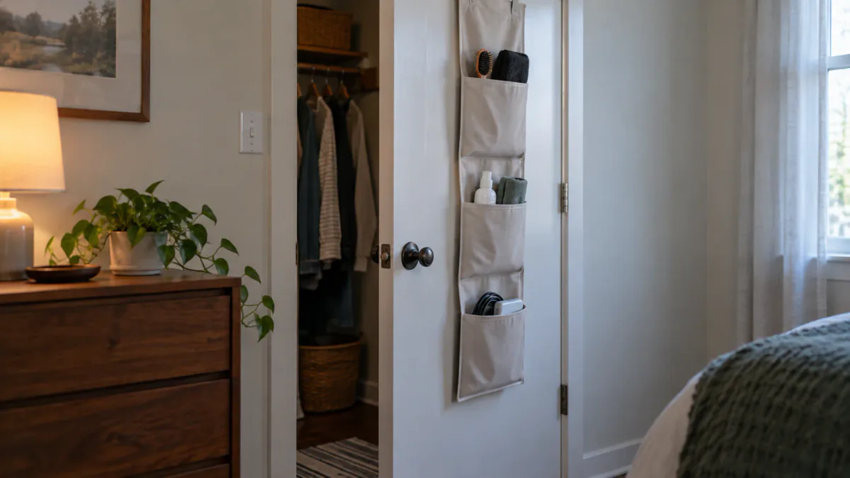 AI-generated illustration: Shallow fabric organizer on the inside of a closet door holding a small set of everyday items