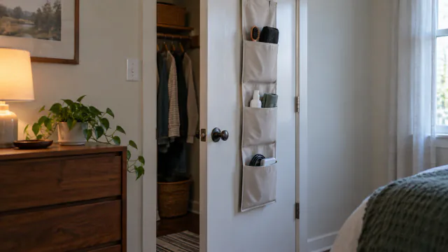 AI-generated illustration: Shallow fabric organizer on the inside of a closet door holding a small set of everyday items