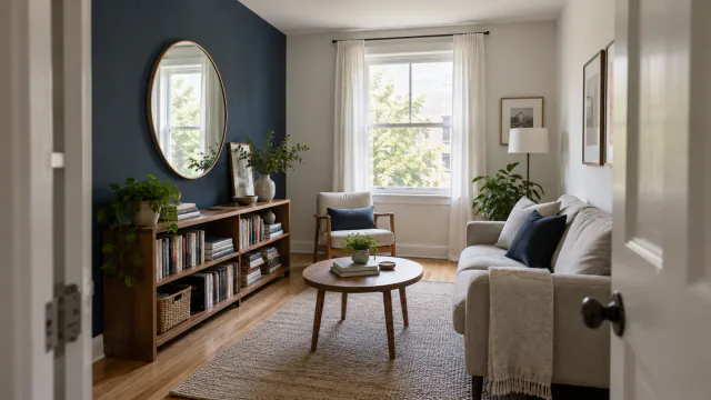 AI-generated illustration: Compact living room with one deep blue wall balanced by pale surfaces, daylight and a mirror