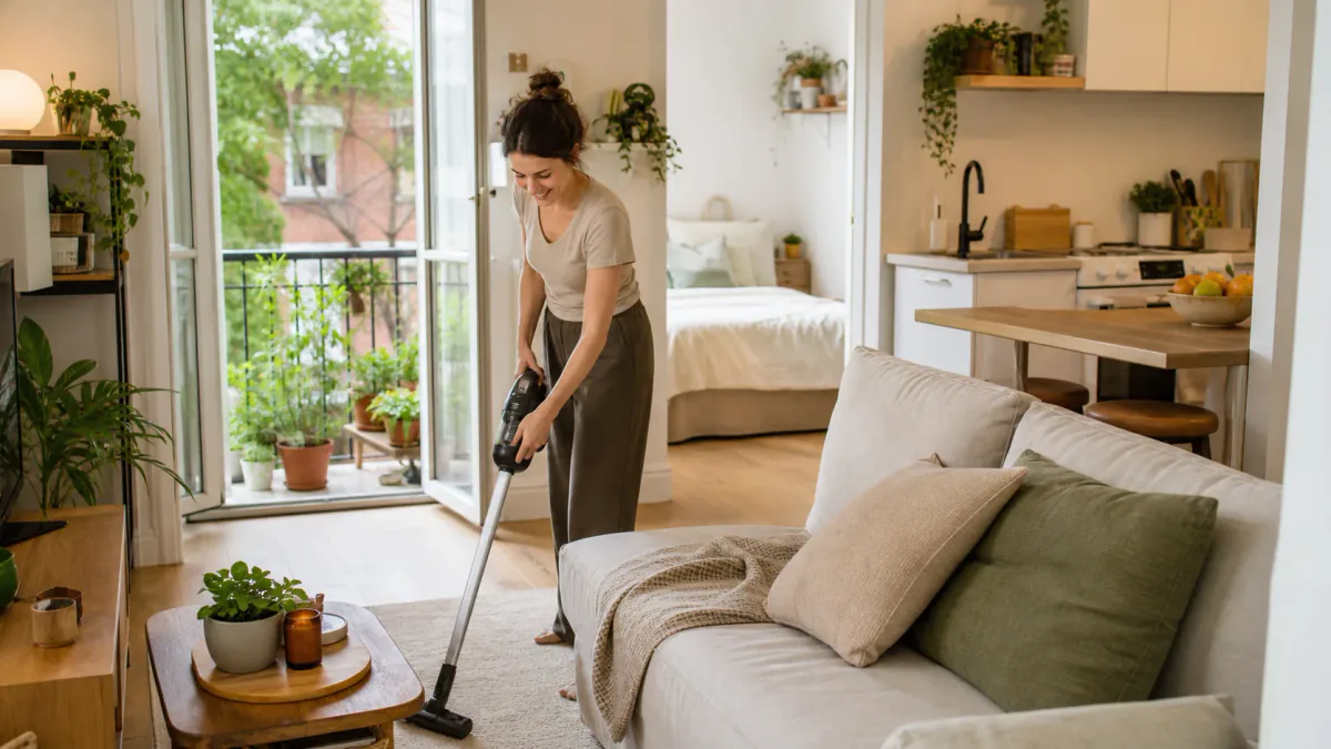 AI-generated illustration: Second compact-home view supporting A Healthy Home Routine for Busy Renters