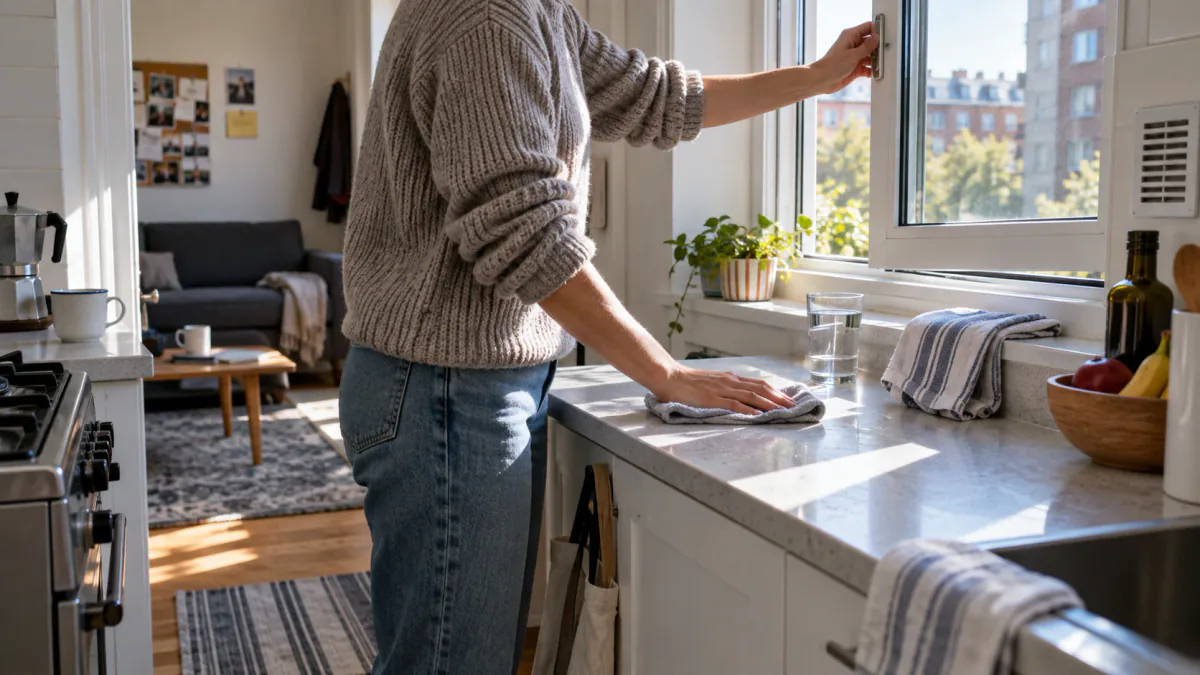 AI-generated illustration: Renter opening a kitchen window while wiping a small counter during a realistic morning routine