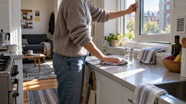 AI-generated illustration: Renter opening a kitchen window while wiping a small counter during a realistic morning routine