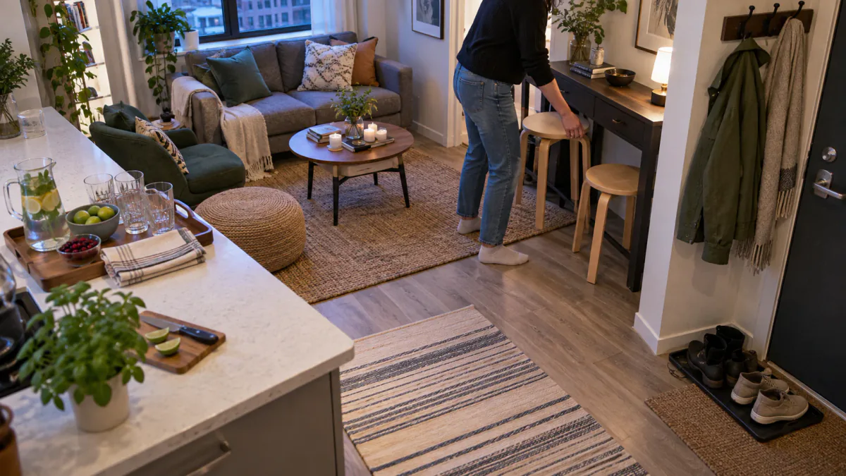 AI-generated illustration: Host pulling compact stools into place while keeping a clear path through a small apartment