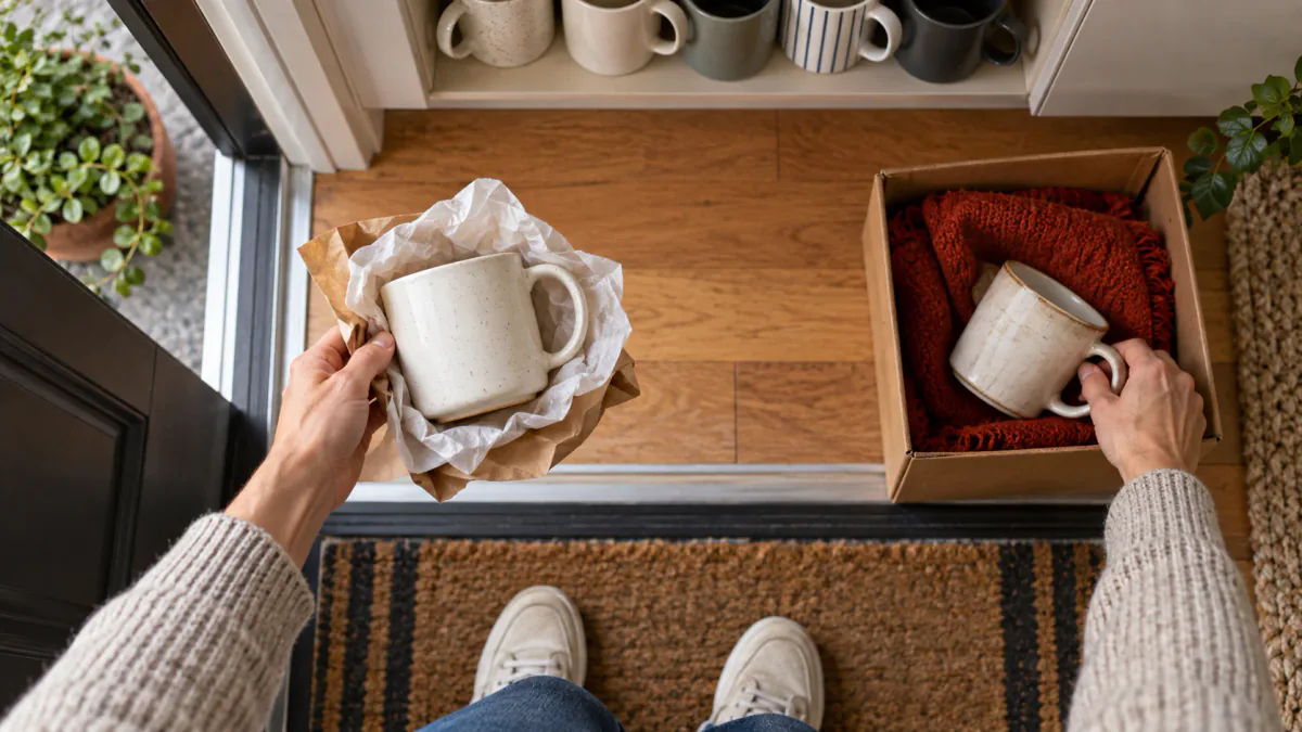 AI-generated illustration: Hands exchanging one new mug for one outgoing mug at an apartment threshold
