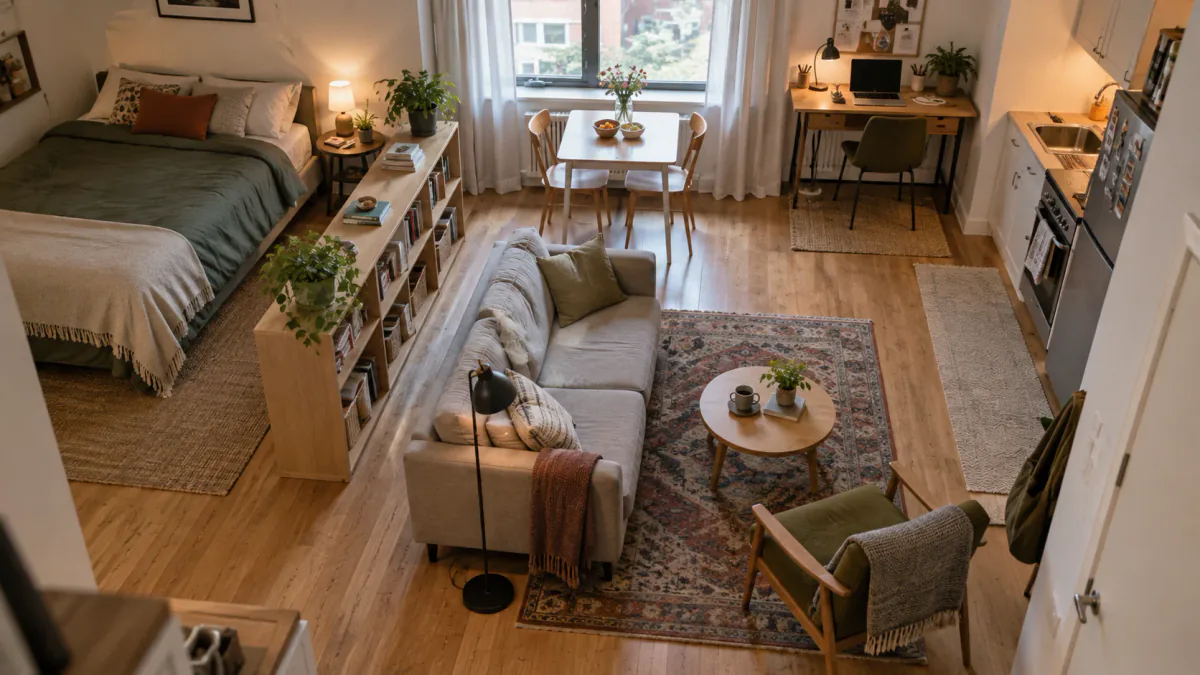 AI-generated illustration: Overhead view of a one-room apartment divided into sleep, work, dining and sitting zones with a clear walking path