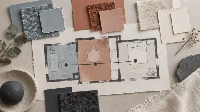 AI-generated illustration: Apartment floor sketch paired with restrained fabric and paper colors for work, dining and rest zones