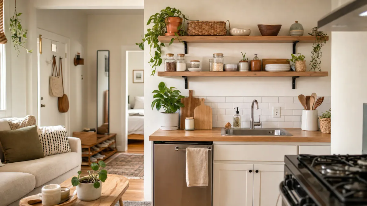 AI-generated illustration: Second compact-home view supporting A Renter-Friendly Shelf Project for a Small Kitchen