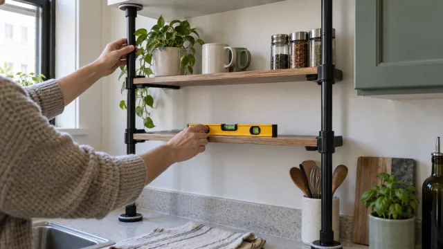AI-generated illustration: Hands leveling a reversible compression-pole shelf above a small rental kitchen counter