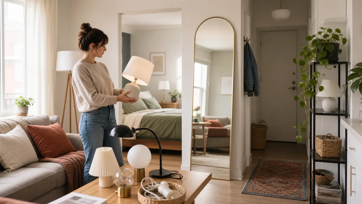 AI-generated illustration: Second compact-home view supporting A Renter's Guide to Lighting and Mirrors
