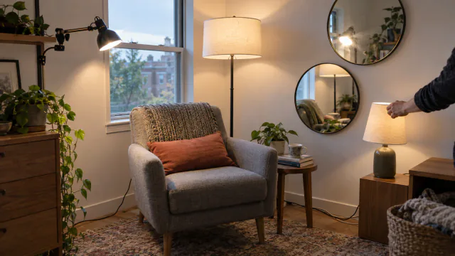 AI-generated illustration: Compact reading corner comparing portable lamps and mirror positions for useful light and glare