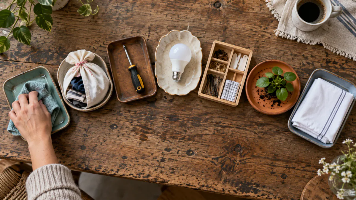 AI-generated illustration: Seven small task trays representing a manageable week of apartment reset activities