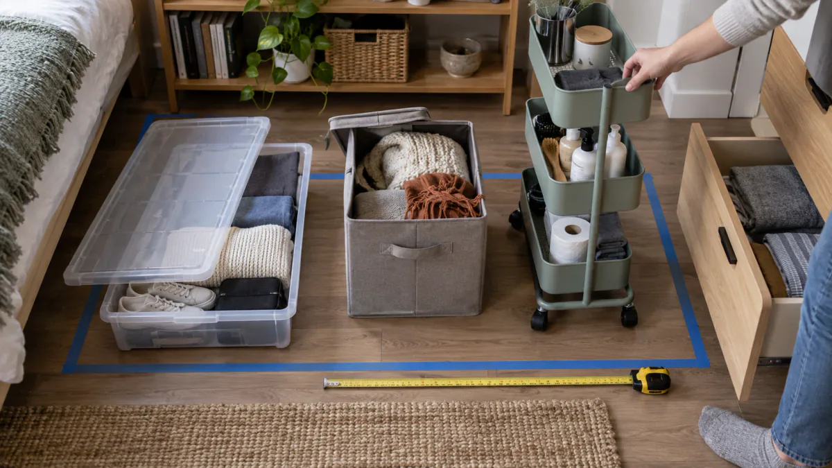AI-generated illustration: Under-bed box, fabric bin and rolling cart being compared for footprint and access clearance