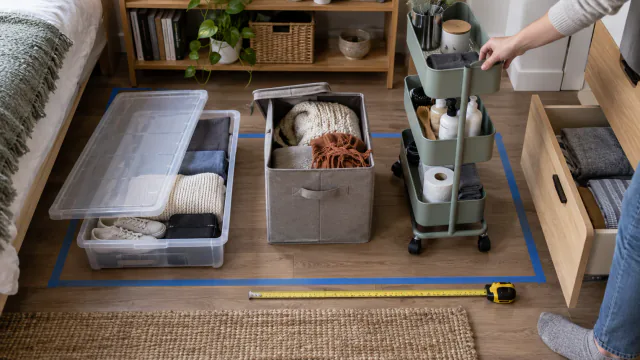 AI-generated illustration: Under-bed box, fabric bin and rolling cart being compared for footprint and access clearance