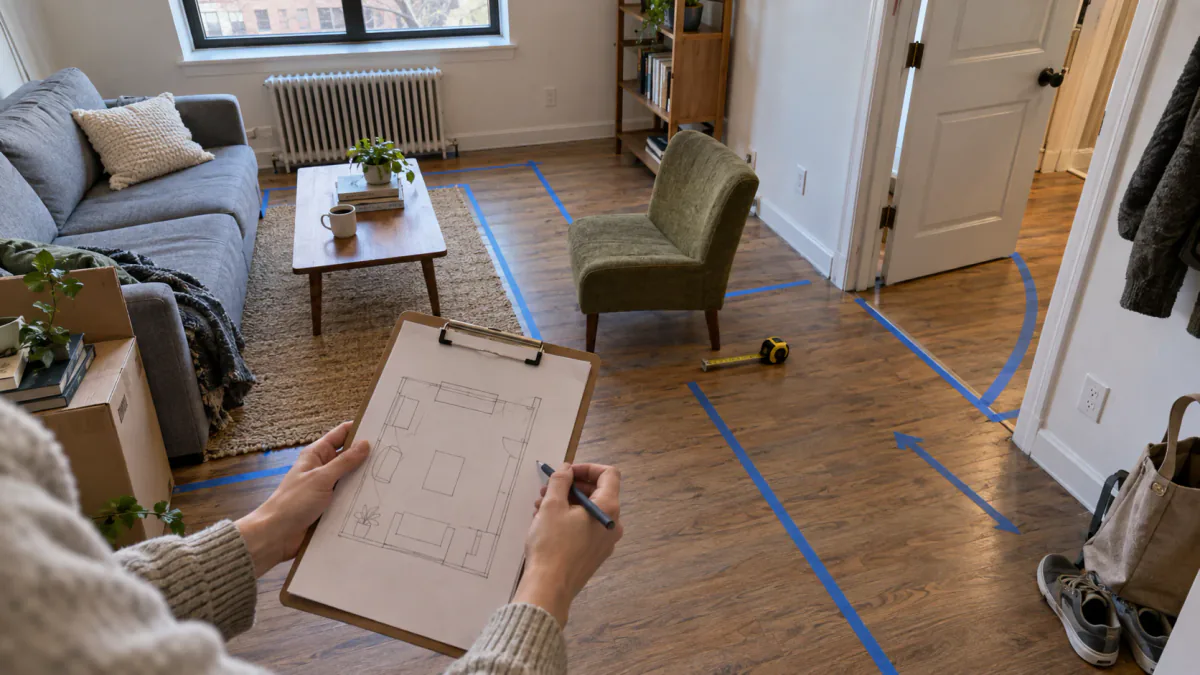 AI-generated illustration: Hands auditing a compact room layout with a floor sketch, tape measure and taped circulation paths