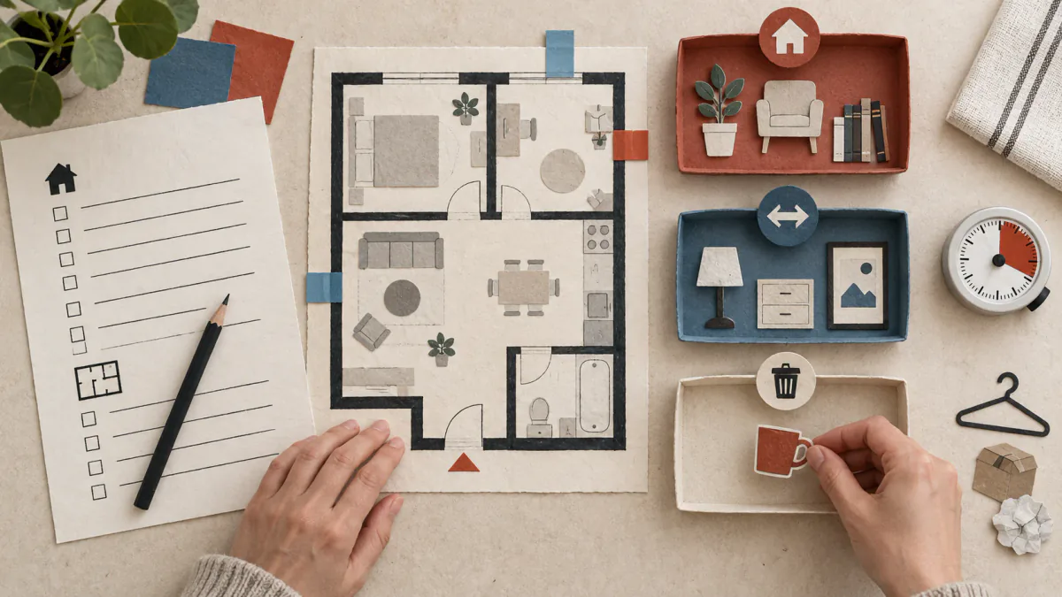 AI-generated illustration: Hands using a tactile floor-plan workbook and trays to make keep, relocate and remove decisions