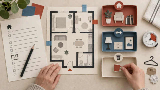 AI-generated illustration: Hands using a tactile floor-plan workbook and trays to make keep, relocate and remove decisions