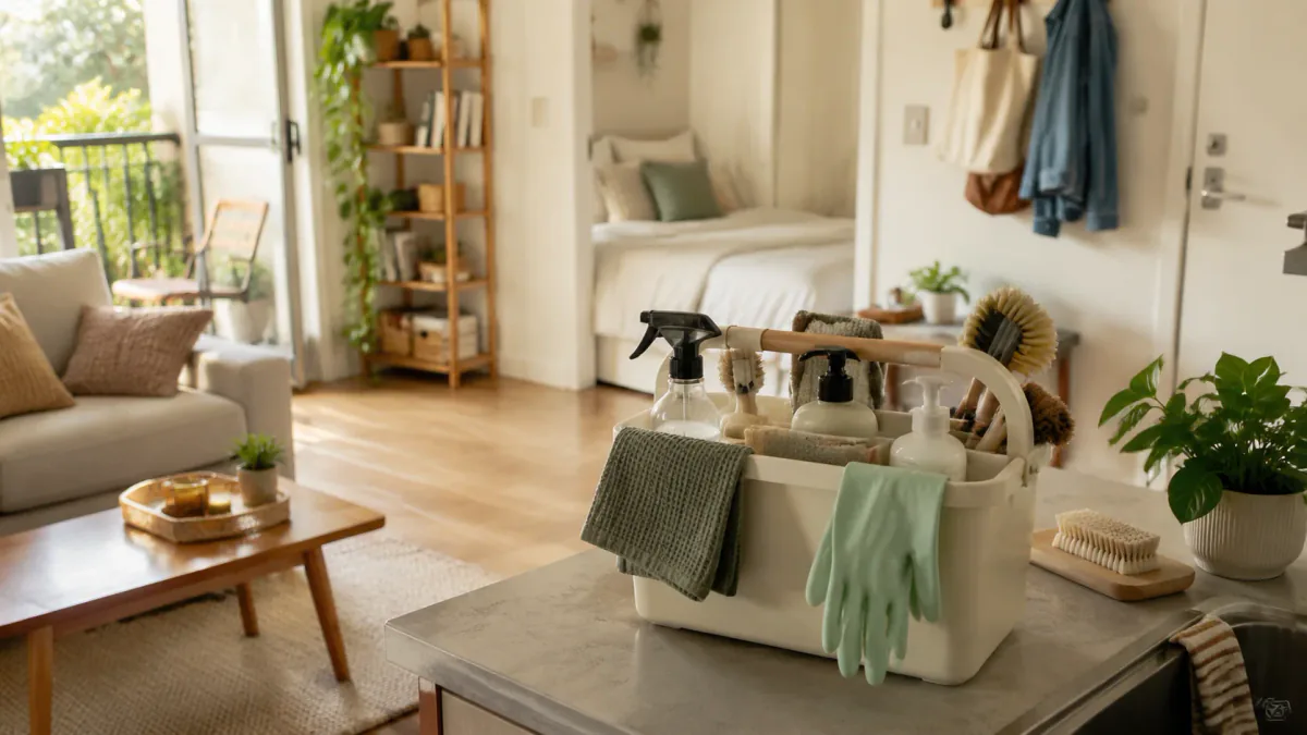 AI-generated illustration: Second compact-home view supporting Build a Compact Cleaning Caddy for a Studio Apartment