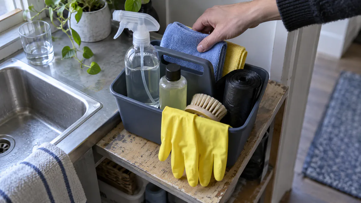 AI-generated illustration: Hand returning a cloth to a compact cleaning caddy beside a small apartment sink