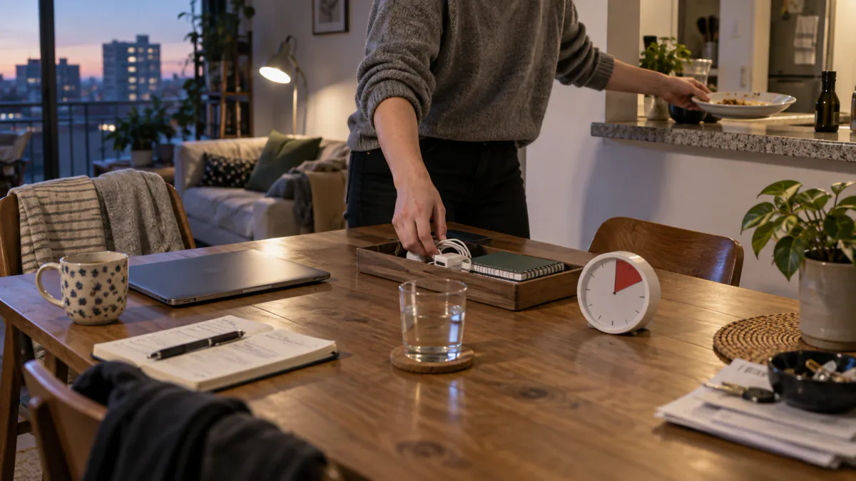 AI-generated illustration: Person resetting a shared dining and work table by returning cables and dishes to their places