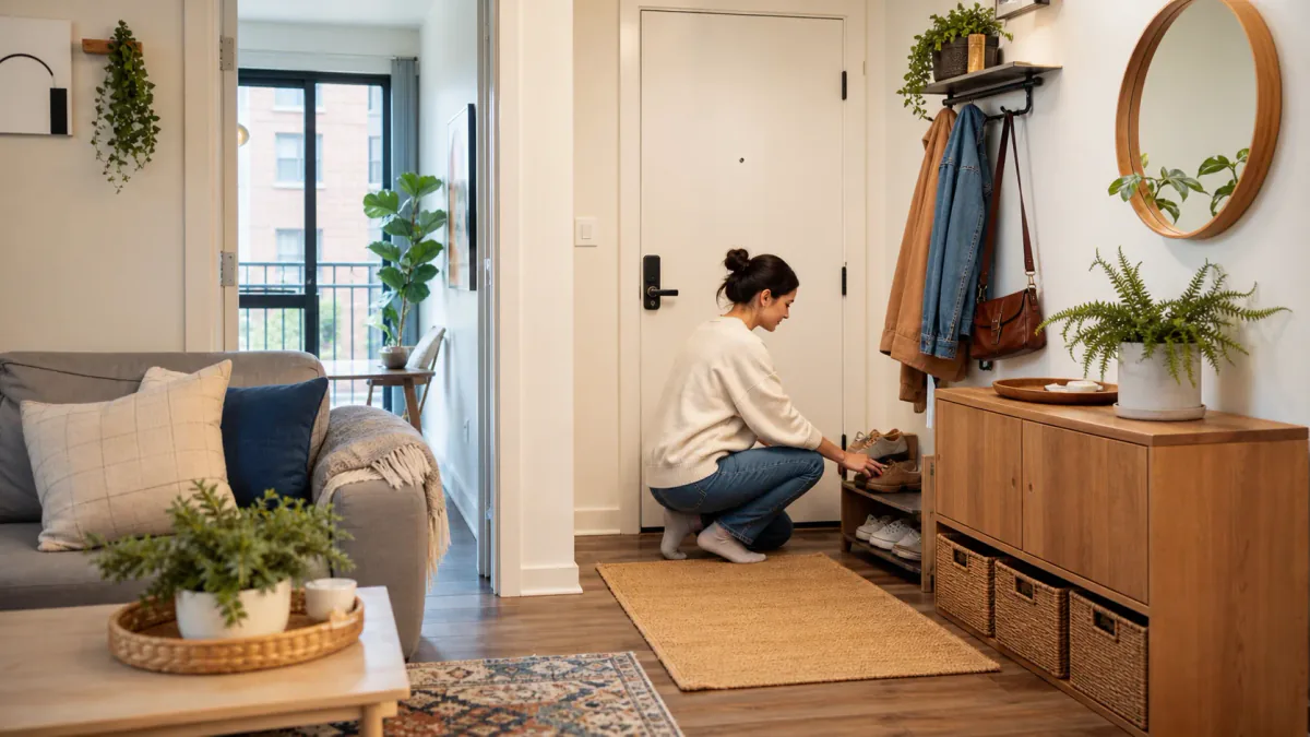 AI-generated illustration: Second compact-home view supporting A 30-Minute Entryway Reset
