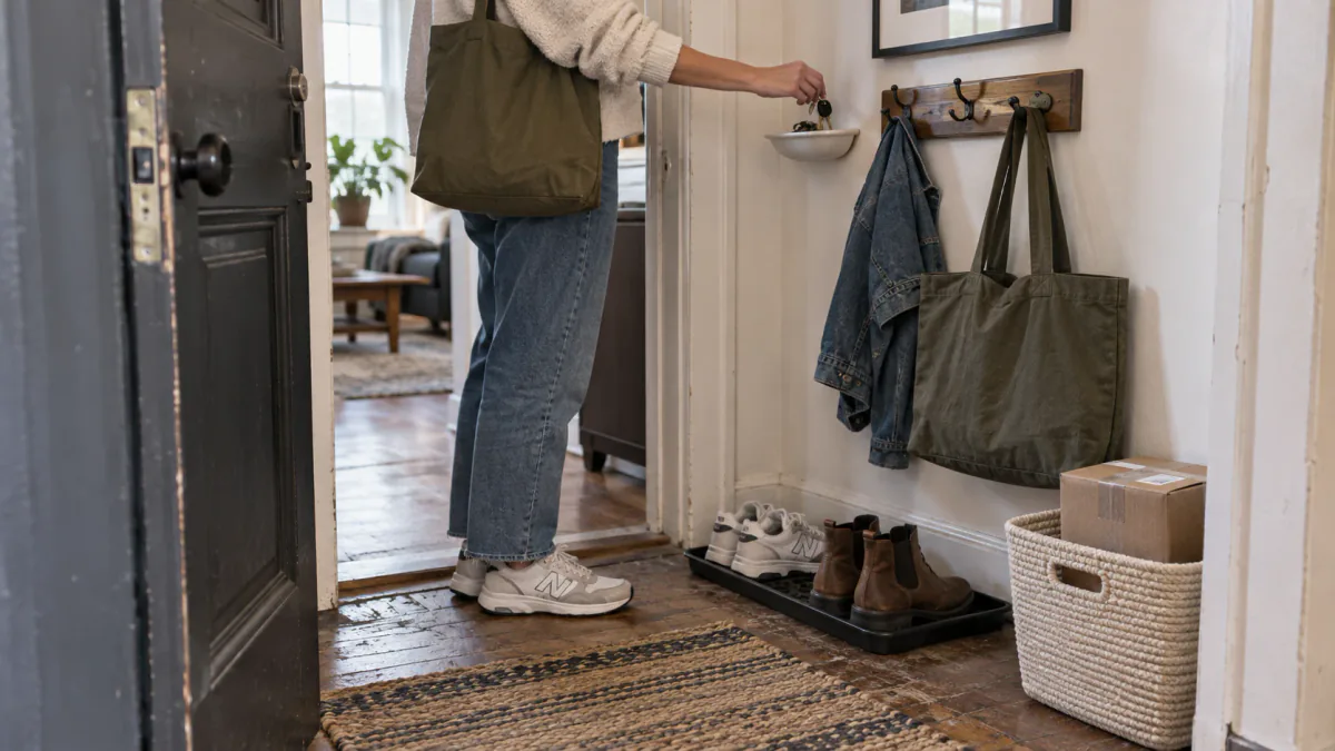 AI-generated illustration: Small apartment entry with shoes, bags, keys and a return parcel assigned clear stopping points