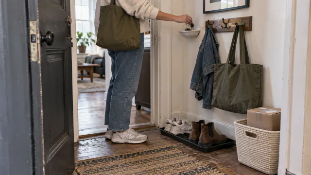 AI-generated illustration: Small apartment entry with shoes, bags, keys and a return parcel assigned clear stopping points
