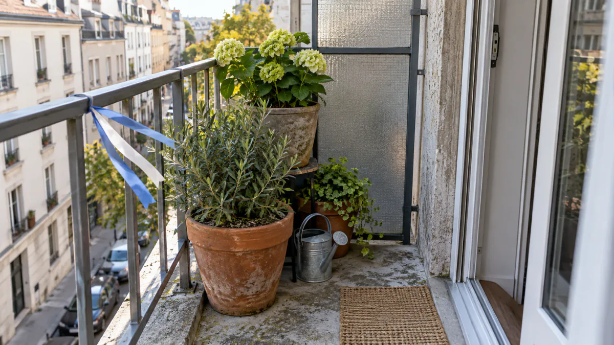 AI-generated illustration: Three stable plant pots arranged around wind, light and a clear walking strip on a tiny balcony