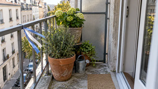 AI-generated illustration: Three stable plant pots arranged around wind, light and a clear walking strip on a tiny balcony