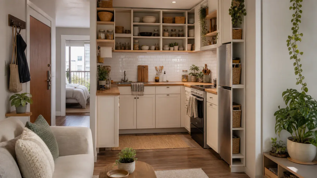 AI-generated illustration: Second compact-home view supporting A Wraparound Storage Plan for a Tiny Kitchen