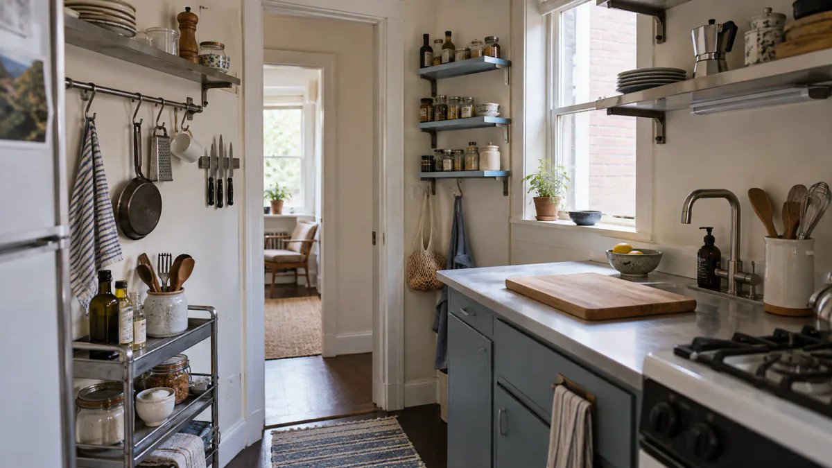 AI-generated illustration: Tiny kitchen using shallow perimeter shelves and rails while keeping the main preparation counter clear