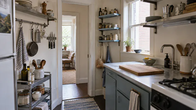 AI-generated illustration: Tiny kitchen using shallow perimeter shelves and rails while keeping the main preparation counter clear