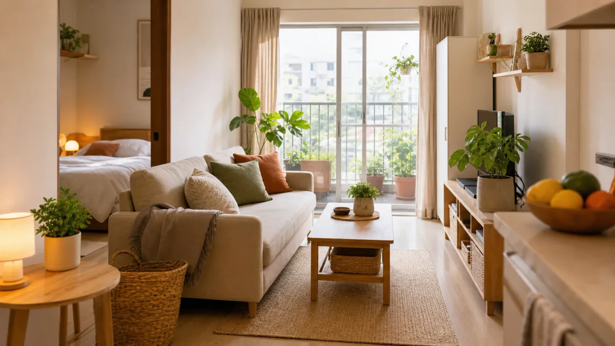 AI-generated illustration: Second compact-home view supporting A Warm Minimal Living Room for Renters