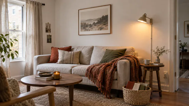 AI-generated illustration: Modest rental living room warmed with removable lighting, textiles and secondhand wood furniture