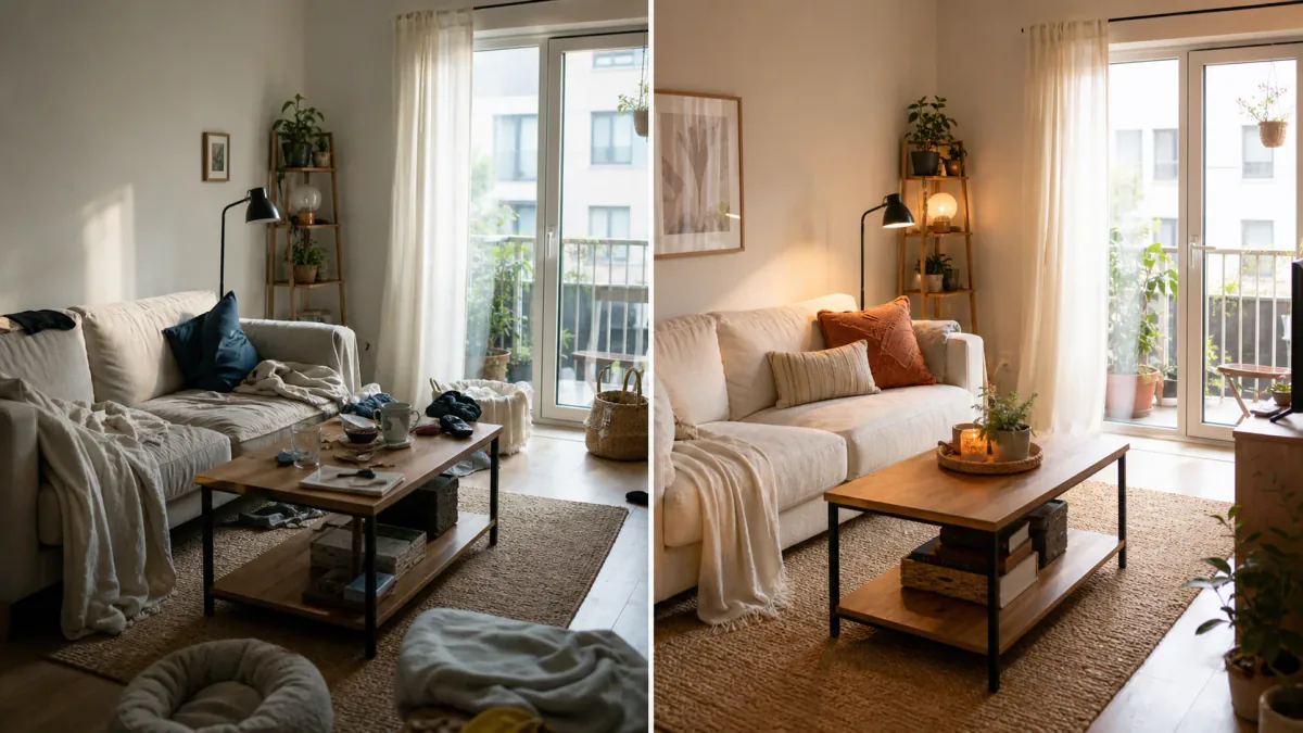 AI-generated illustration: Second compact-home view supporting A Weekend Rental Living-Room Refresh Plan
