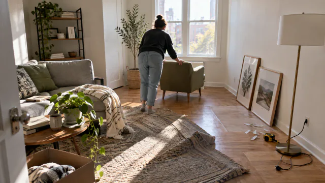 AI-generated illustration: Renter moving a chair and rotating a rug during a reversible weekend living-room refresh