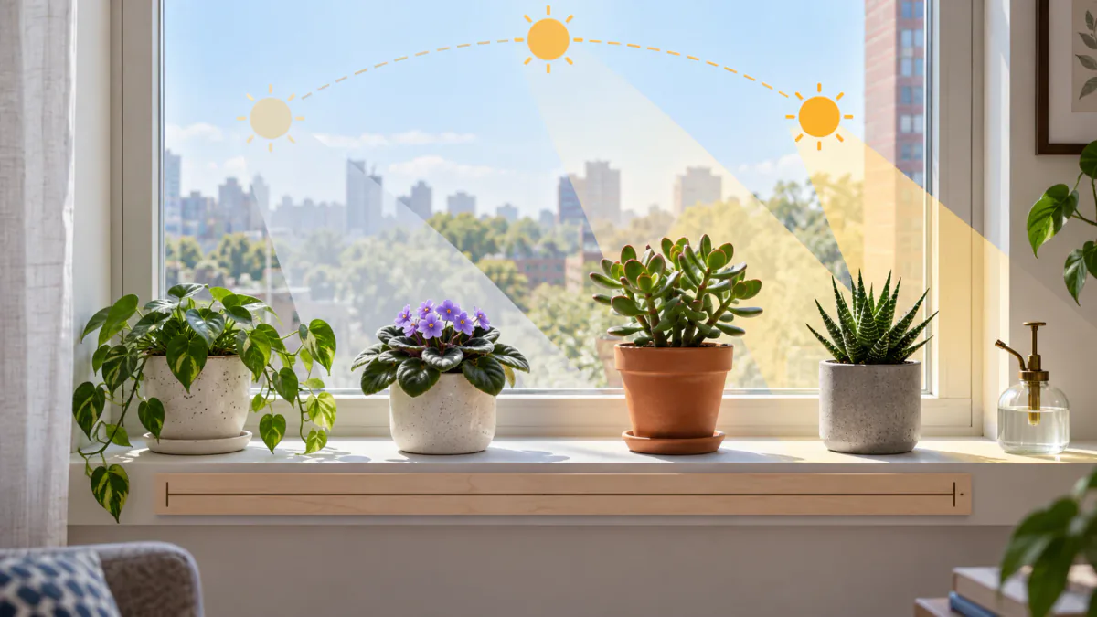 AI-generated illustration: Four windowsill plants arranged by light exposure, sill depth and manageable care capacity